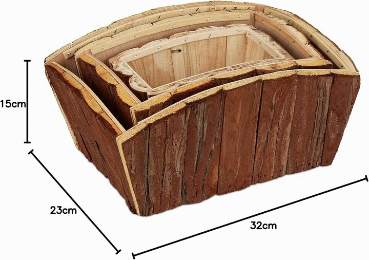 Relaxdays Blumenkasten 3er Set, natürliches Holz mit Rinde, Garten, Terrasse &amp; Fensterbank, Deko zum