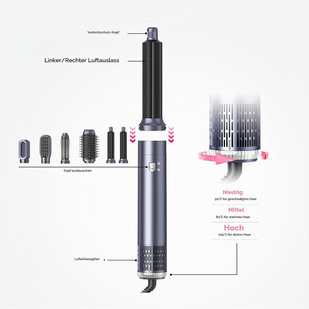 MogaWave Pro Hairstyler 6 in 1 Airstyler 1000W Haartrockner, Airbrush Haarstyler mit Rundbürstenföhn