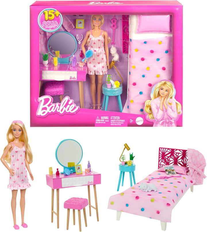 BARBIE Schlafzimmer-Spielset - Puppe, Bett, Schminktisch, Kätzchen und 20 Zubehörteile kreatives Spi