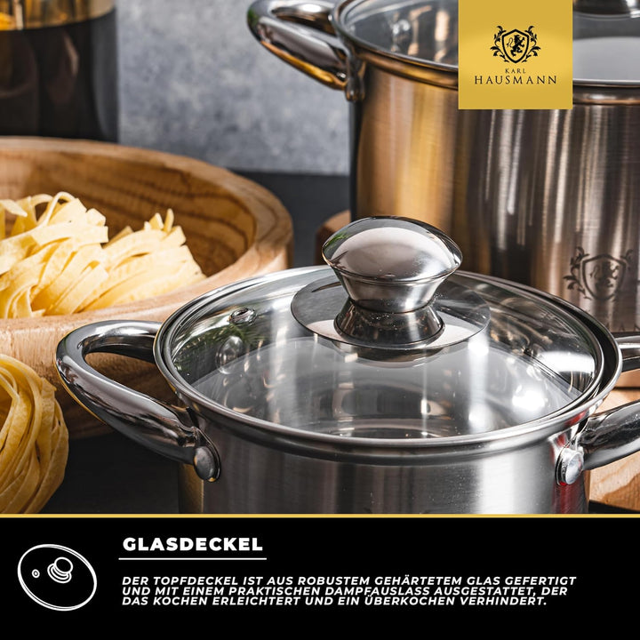 Topfset Induktion Edelstahl 4-Teilig - Kochtöpfe für Alle Herdarten - Kochtopf Set mit Glasdeckel -