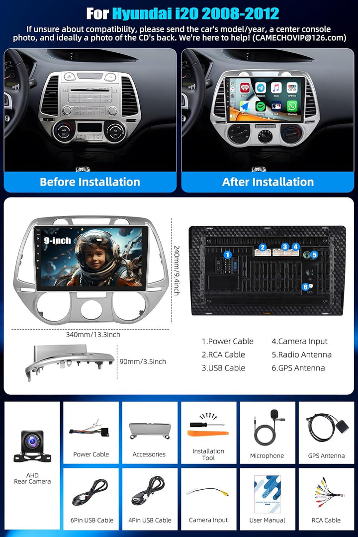 CAMECHO 2G+64G Android 15 Autoradio für Hyundai i20 2008-2012 mit Navi Wireless Carplay Android Auto