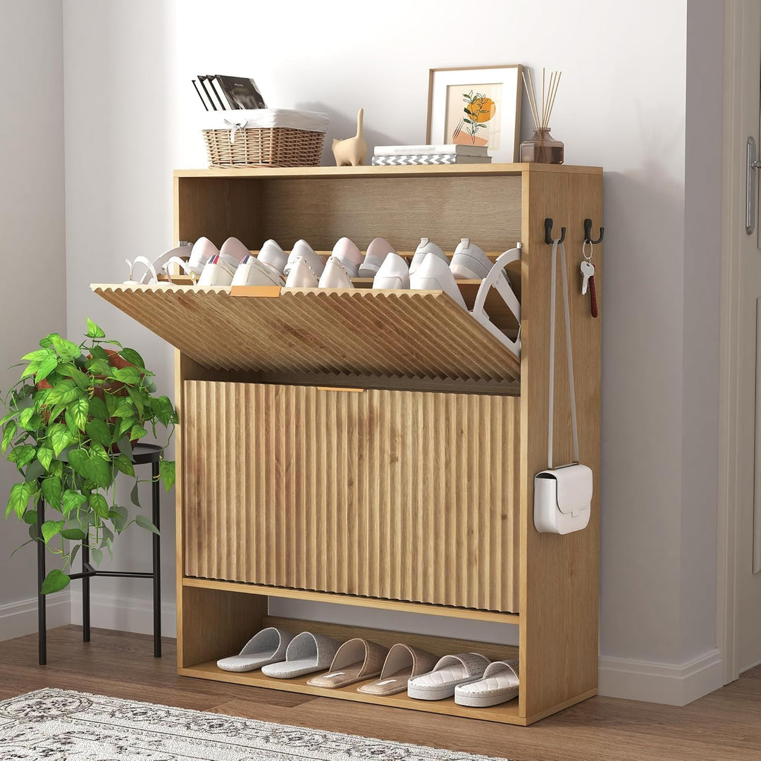 80×30×102 h cm Schuhschrank, Wellen-Design Schmal Shoe Storage Cabinet Mit 2 Klappen, Freistehender
