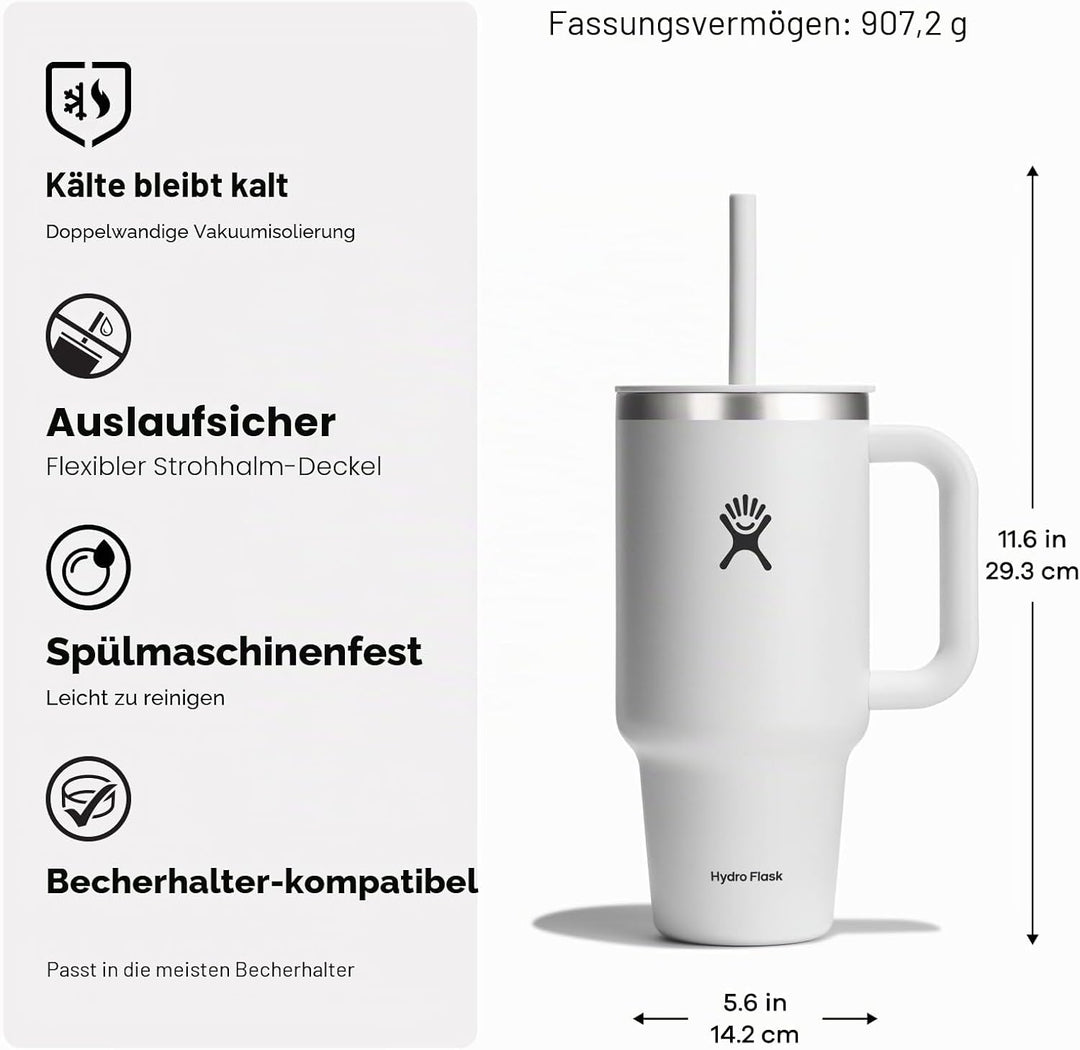 Hydro Flask - Reise-Tumbler 946 ml (32 oz) mit verschliessbarem Press-In-Trinkhalmdeckel - Edelstahl