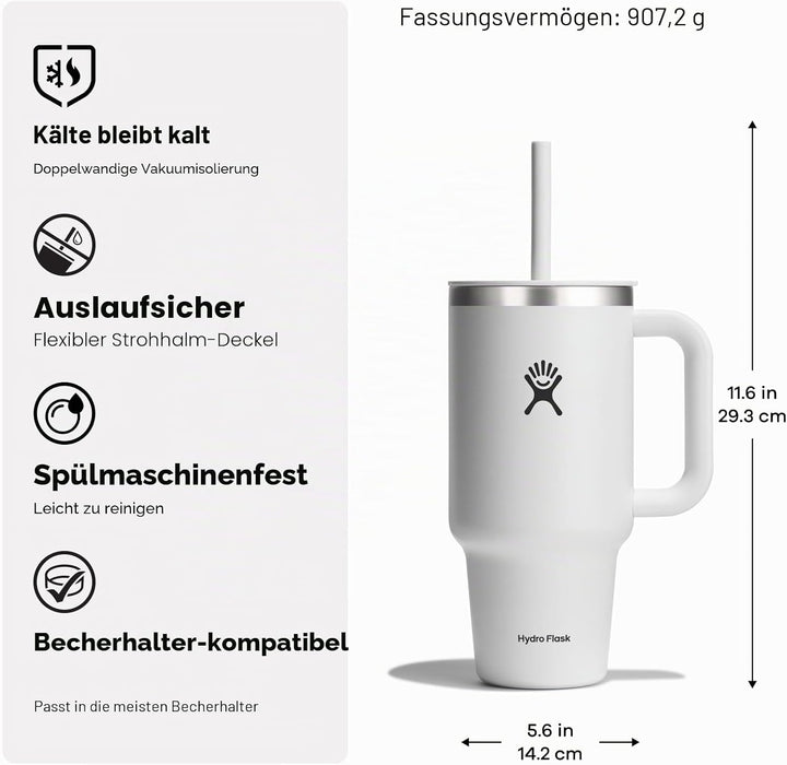 Hydro Flask - Reise-Tumbler 946 ml (32 oz) mit verschliessbarem Press-In-Trinkhalmdeckel - Edelstahl