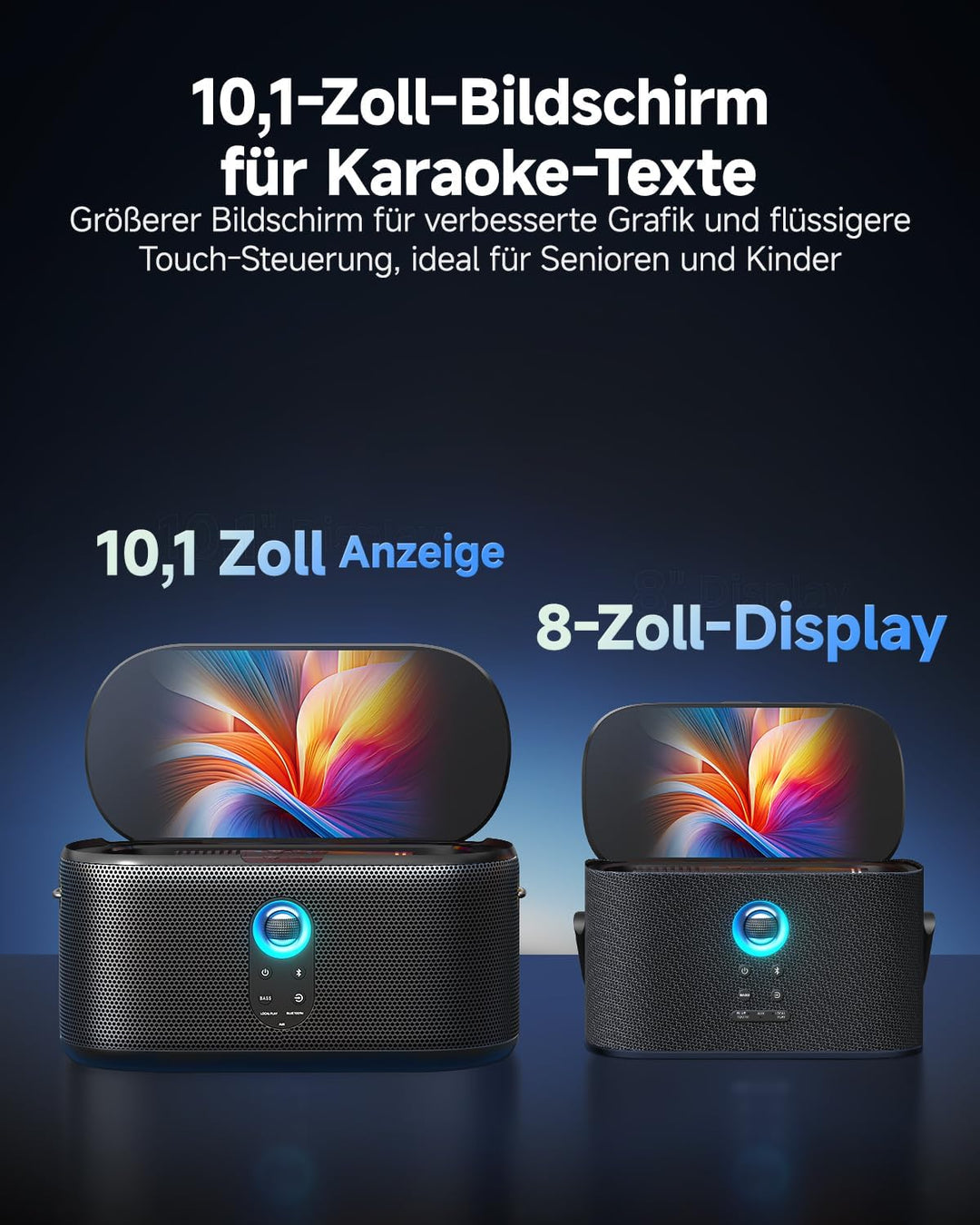 Ikarao Karaoke-Maschine mit integriertem Bildschirmdisplay, Bluetooth, kabellosen Mikrofonen & Party