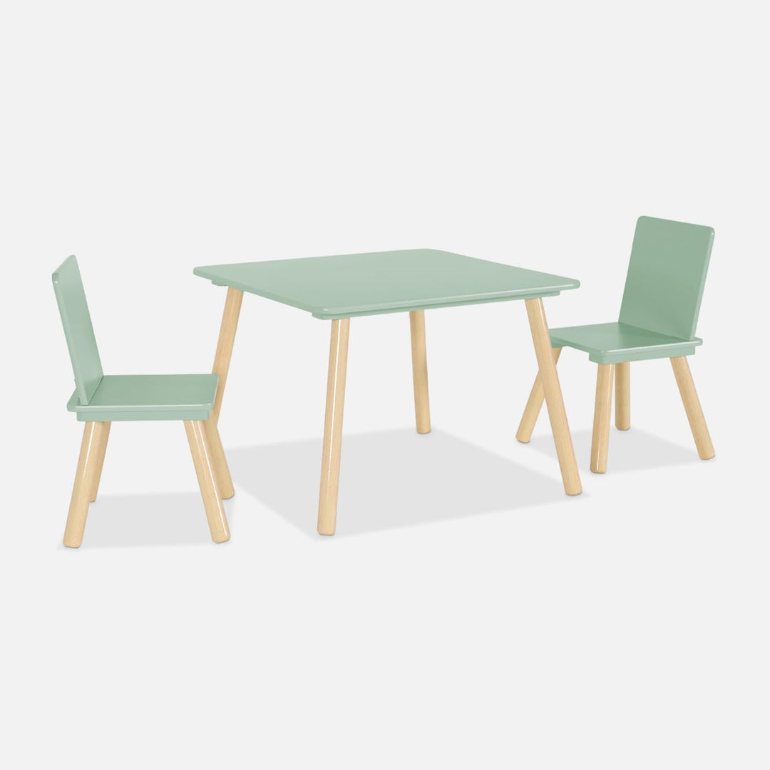 sweeek - Quadratischer Kindertisch mit 2 Stühlen, Beine aus Kiefernholz - Judith Grün, Grün