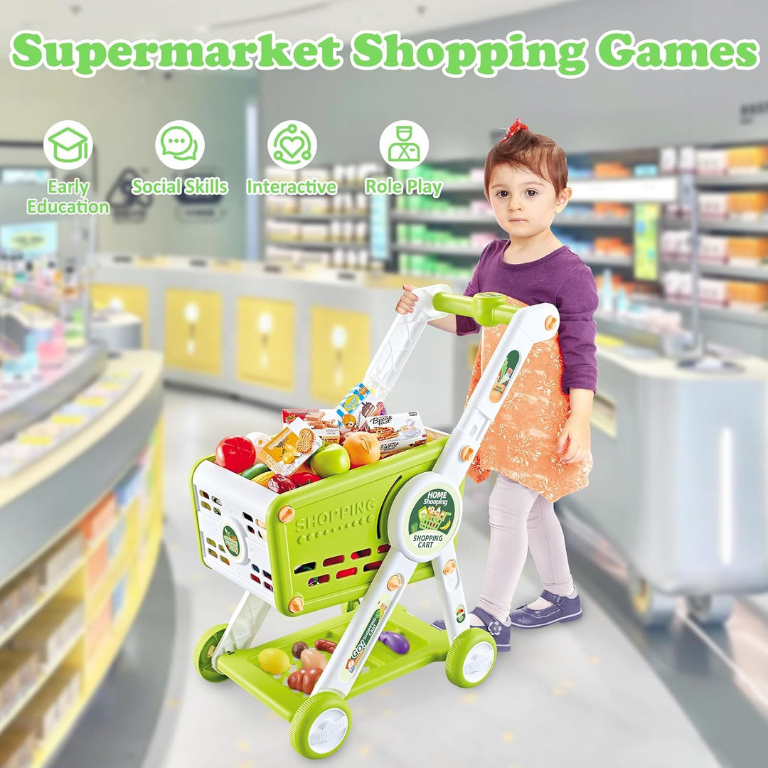 Supermarkt Einkaufswagen für Kinder, 31PCS Einkaufswagen Spielzeug mit Obst Gemüse Kaufladen Zubehör