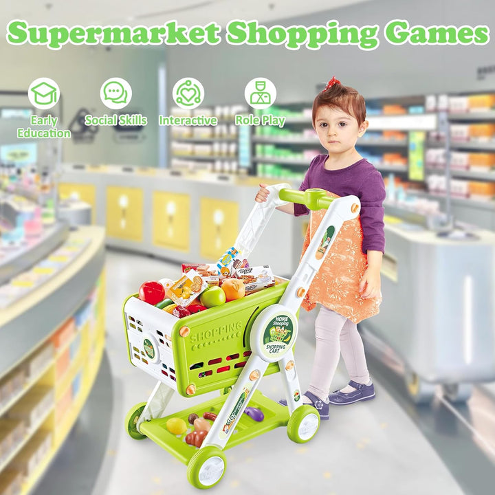 Supermarkt Einkaufswagen für Kinder, 31PCS Einkaufswagen Spielzeug mit Obst Gemüse Kaufladen Zubehör