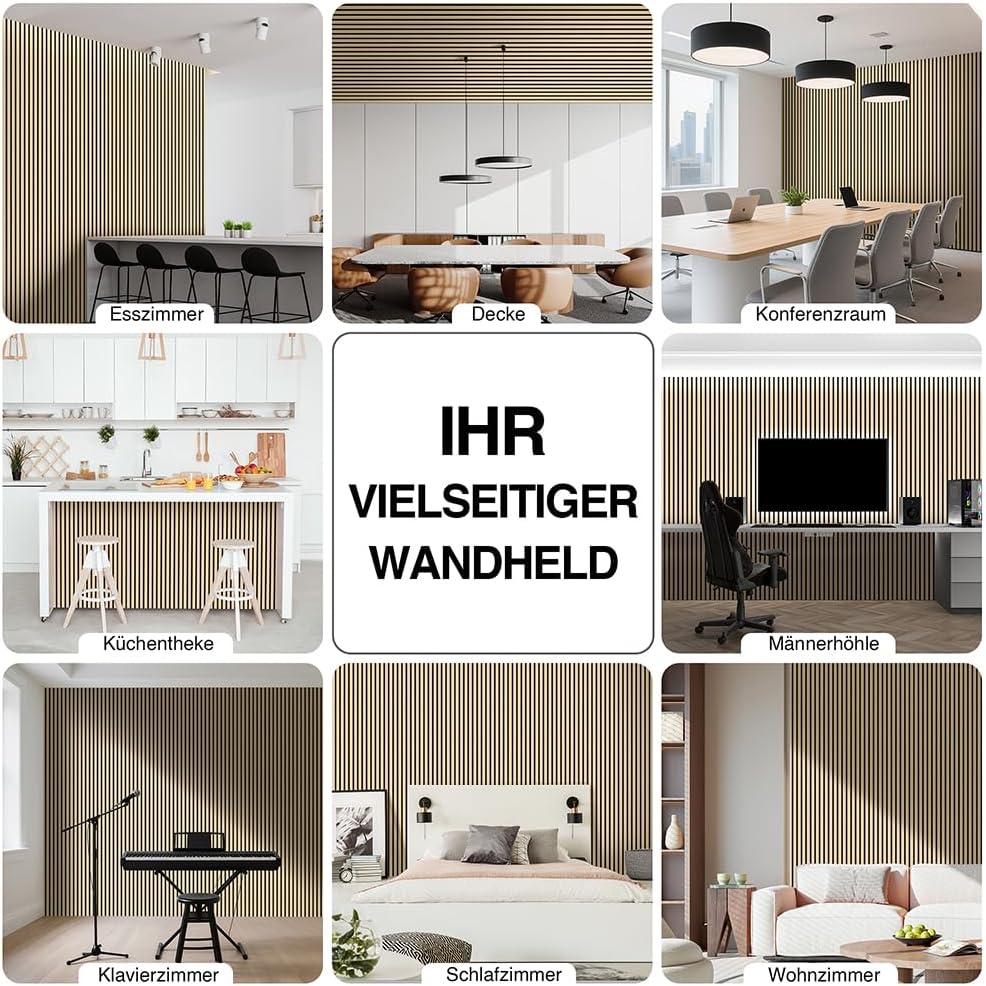 Akustikpaneele Holz 120x60cm-2er Set(1,44m²) 3D Wandpaneele mit Holzfurnier & Filz, Akustik Holzpane