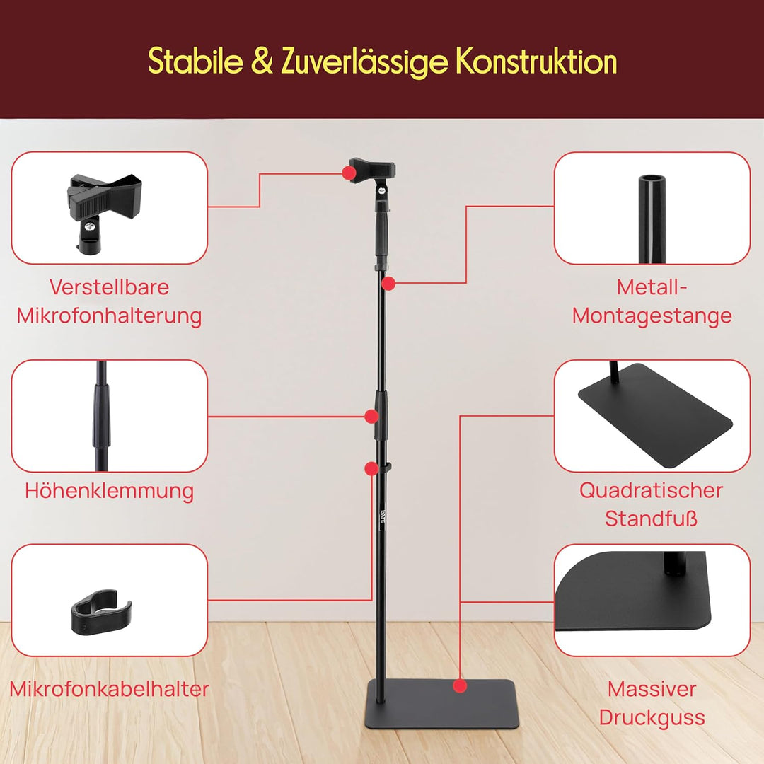 Pyle Mikrofonständer, Quadratische Basis, Höhenverstellbar, Mit universellem 5/8” Adapter, Mikrofonc