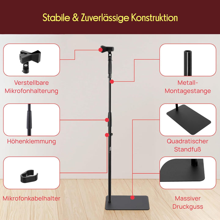 Pyle Mikrofonständer, Quadratische Basis, Höhenverstellbar, Mit universellem 5/8” Adapter, Mikrofonc