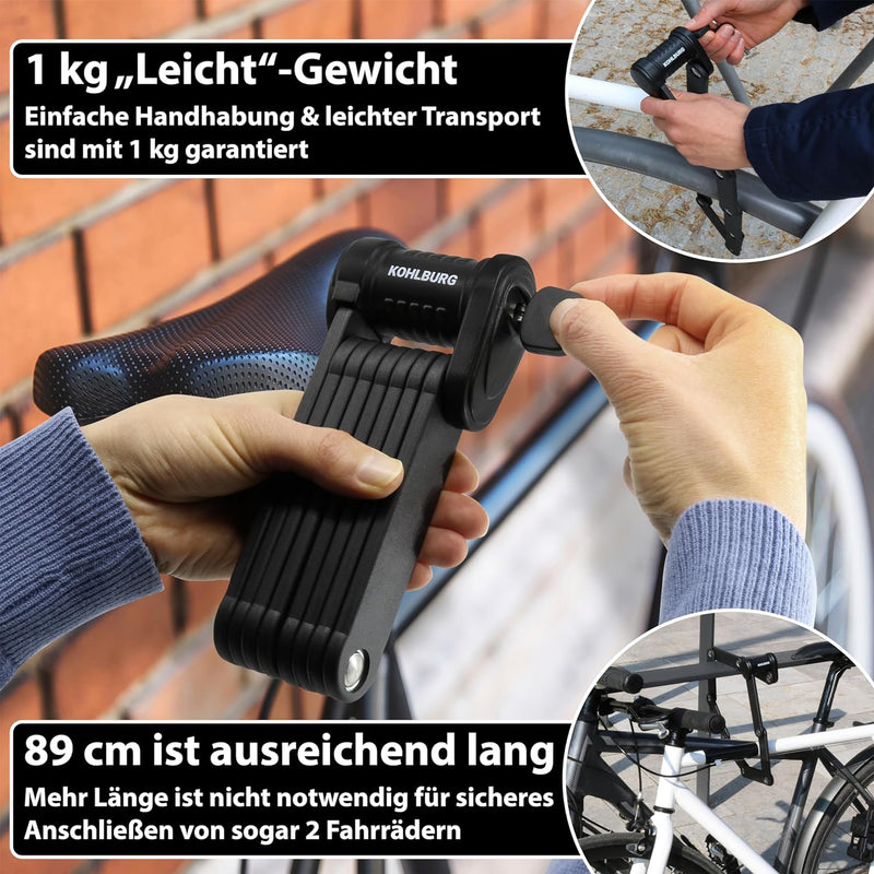 KOHLBURG Sicherheits- Faltschloss - sehr sicheres Fahrradschloss 89cm - Gliederschloss aus gehärtete