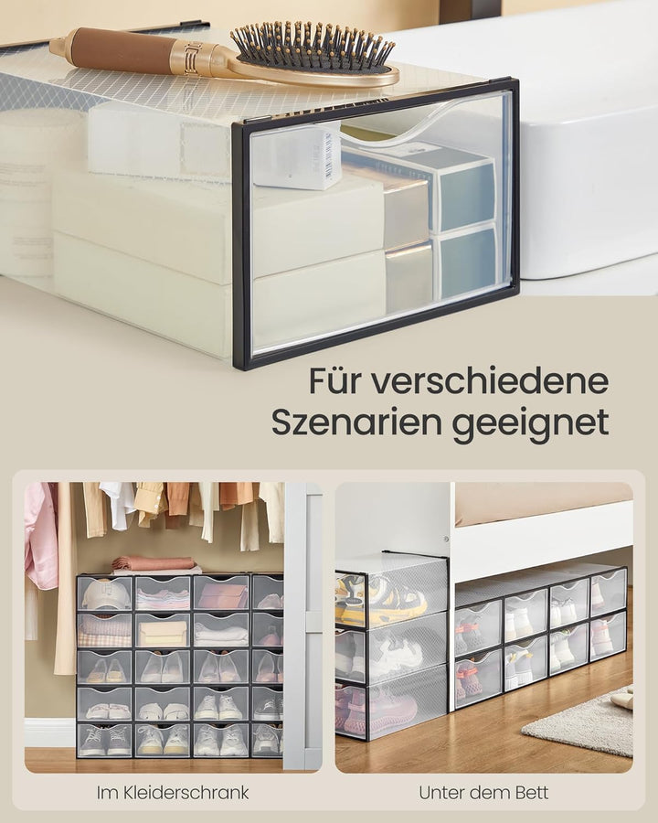 SONGMICS Schuhboxen, Schuh-Organizer aus Kunststoff, mit Tür, durchsichtig, 12er Set, stapelbar, ein