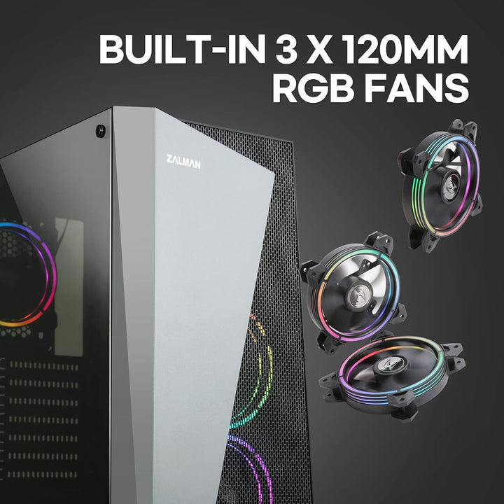 Zalman S4 Plus Mid Tower PC Gehäuse ATX, Acrylic Panel, 3xRGB 120mm Fan, Schwarz