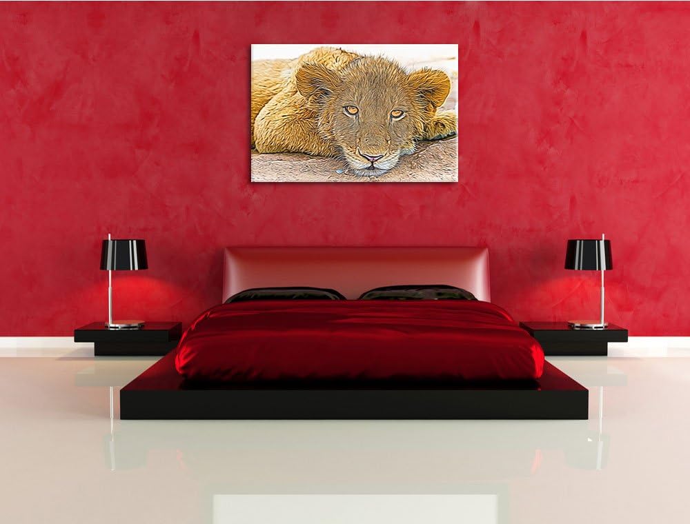 wachsamer junger Löwe Deluxe Format: 100x70 cm auf Leinwand, XXL riesige Bilder fertig gerahmt mit K