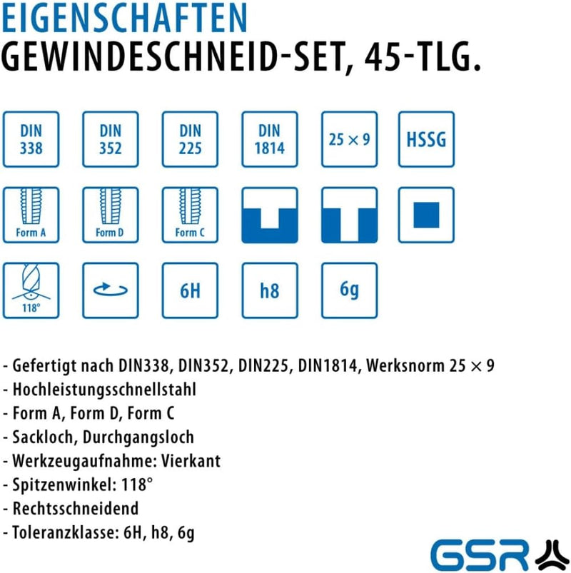 GSR PROFI Gewindeschneidsortiment, 45-teilig, Gewindeschneidsatz metrisch, Geschwindeschneider Set H