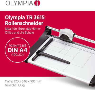 Olympia TR 3615 Rollen-Schneidemaschine (DIN A4, 15 Blatt, Positionierhilfe, Stapelschneider für Pap