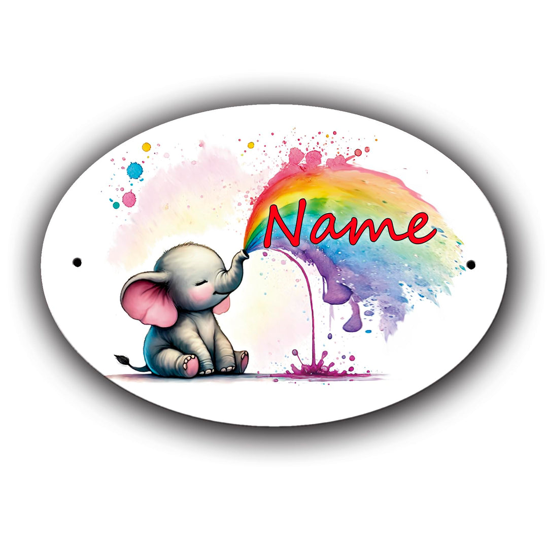 Türschild mit Name und Schriftartwahl/Kunststoff Oval 12,7 x 8,8 x 0,2 cm mit 2 Bohrungen (Elefant),