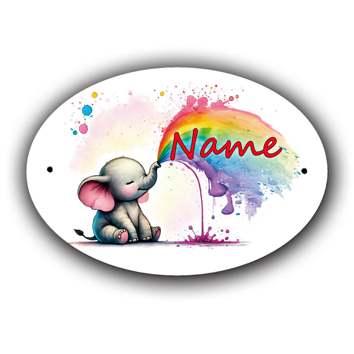 Türschild mit Name und Schriftartwahl/Kunststoff Oval 12,7 x 8,8 x 0,2 cm mit 2 Bohrungen (Elefant),