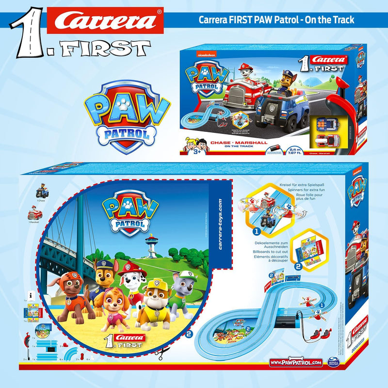 PAW Patrol Carrera First Rennbahnset | Chase & Marshall | 2,4m Strecke | Kreisel für extra Spielpass