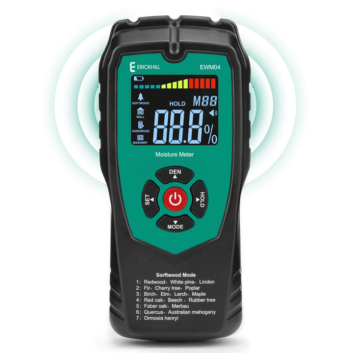 ERICKHILL Holz Feuchtemessgerät, nicht invasiver Feuchtemessgerät mit 4-Modi, LCD-Anzeige mit Hinter
