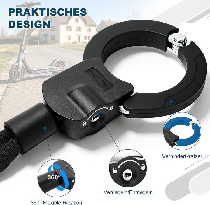 TECHCYC E-Scooter Schloss 8mm | Handschellenschloss 3 Stufen Verstellbare | Gehärteter Stahl | gegen