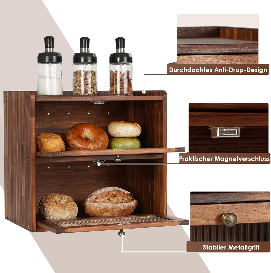 GUUSII HOME Brotkasten Gross Brotbox Küche Holz Gross Brotaufbewahrung 2 Etagen Brotkästen XL 36x24x