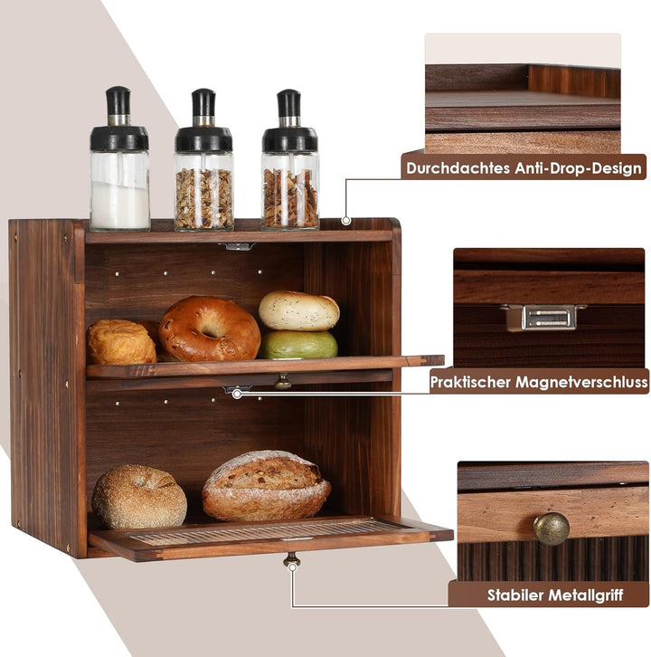 GUUSII HOME Brotkasten Gross Brotbox Küche Holz Gross Brotaufbewahrung 2 Etagen Brotkästen XL 36x24x