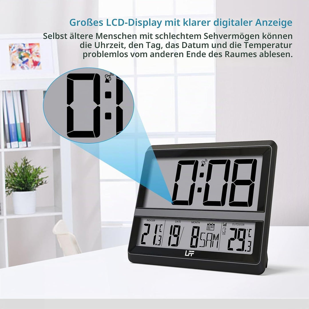 Atomuhr mit Grossem Display, Digitale Wanduhr mit Temperatur Datum Innen Aussen, Drahtloser Aussense