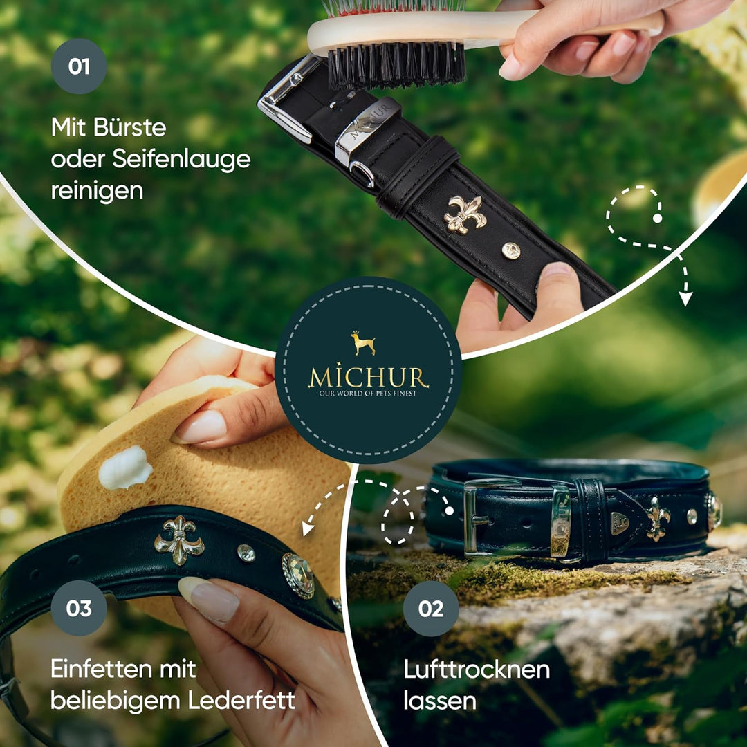 MICHUR Gala Hundehalsband Leder, Lederhalsband Hund, Halsband, Schwarz, Leder, mit Lilien,Strassstei