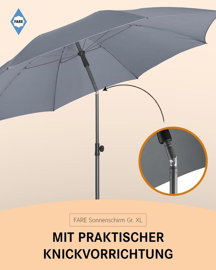 FARE Sonnenschirm Gr. XL - 235 cm Durchmesser - UV-Schutz 50+ für Balkon Garten Terrasse Sommer - Ti