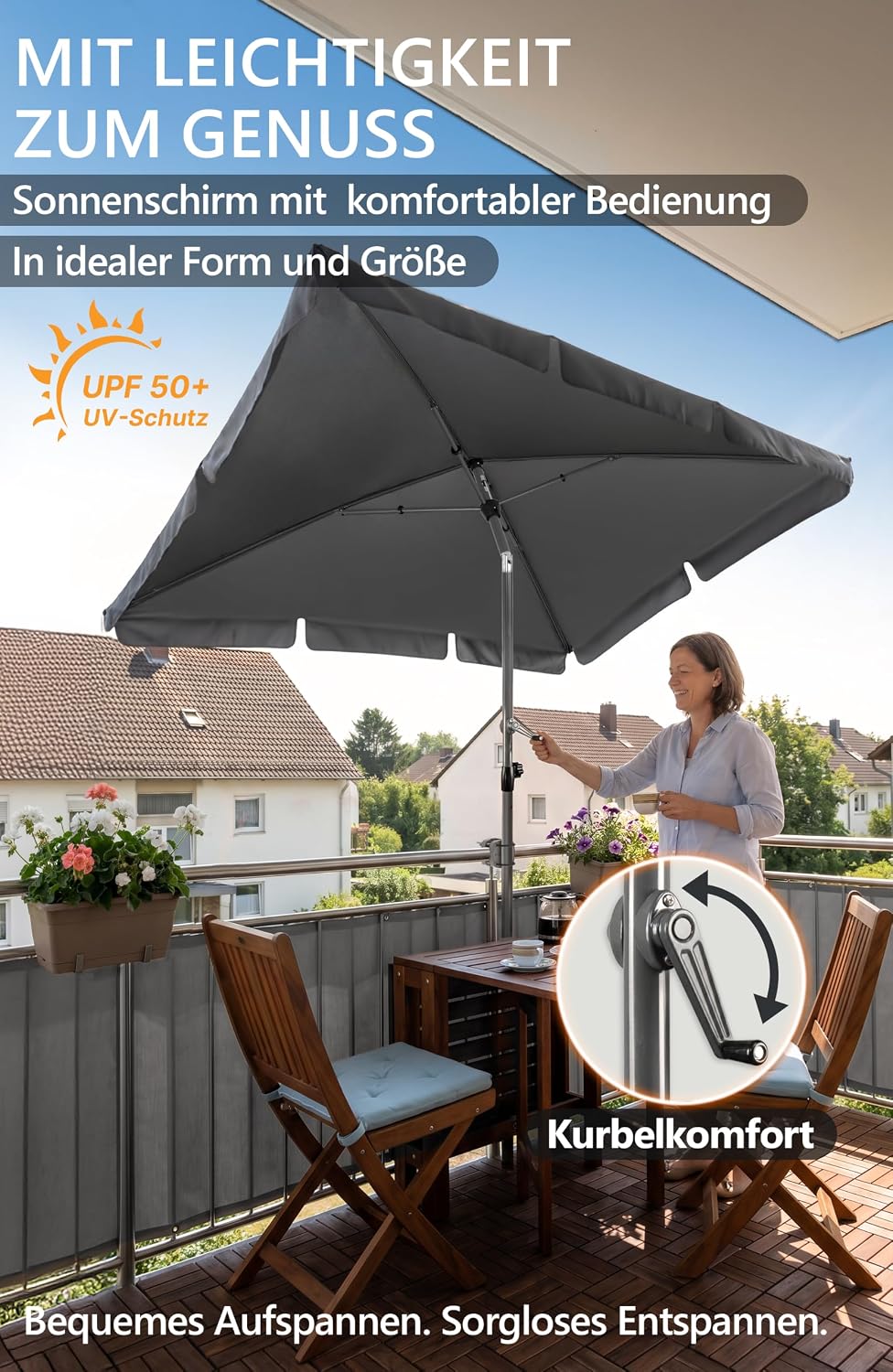 Menz SunnyShade Balkonschirm Roma mit Schutzhülle, Anthrazit, Sonnenschirm Balkon 200x125 cm, Sonnen