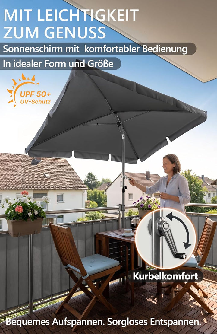 Menz SunnyShade Balkonschirm Roma mit Schutzhülle, Anthrazit, Sonnenschirm Balkon 200x125 cm, Sonnen