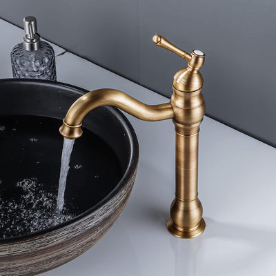 FWZZQ Wasserhahn Bad Antik Messing, Waschtischarmatur Hoch 360°Drehbar, Waschbecken Armatur Retro, E