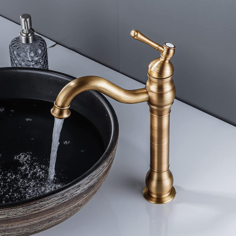 FWZZQ Wasserhahn Bad Antik Messing, Waschtischarmatur Hoch 360°Drehbar, Waschbecken Armatur Retro, E
