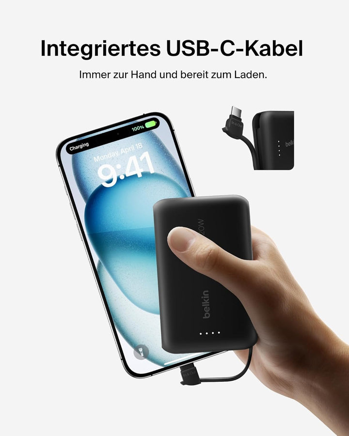 Belkin BoostCharge Power Bank, Portable Powerbank 10000mAh mit integriertem Kabel, PD 20 W – USB-C P
