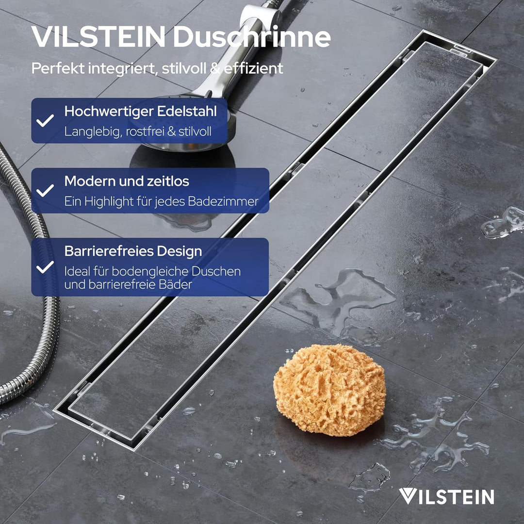 VILSTEIN Duschrinne 110cm | Befliesbar | Edelstahl Bodenablauf Komplettset | Extra flach | Siphon mi