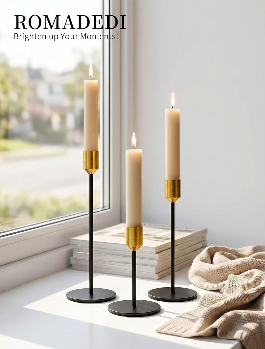 Romadedi Kerzenständer Gold & Schwarz - 3er-Set Hoch Kerzenhalter Unterschiedlicher Grösse für Stabk