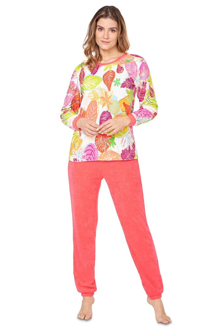 e.FEMME® Damen Pyjama Hausanzug Kamila 2217 aus Frottee 80% Baumwolle, 20% Polyester 38 Blätter/Kora