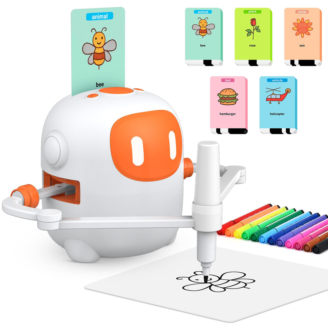 Zeichenroboter für Kinder mit 100 Karten und 12 Stiften, Sprechender Malroboter mit Sprachsteuerung,