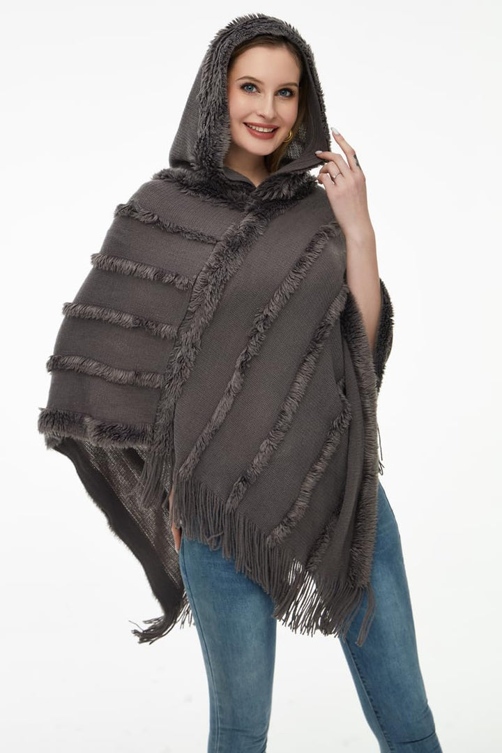 Ferand Poncho Damen mit Kapuze, Warmer Winterponcho, Gestreifte Cape Umhang mit Fransen Elegant, Gra
