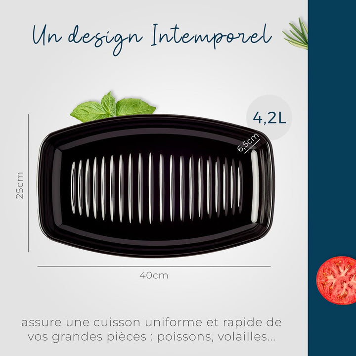 Rechteckige Auflaufform aus Keramik, Länge 40 cm, Farbe: Schwarz, ideal zum Kochen von grossen Geflü