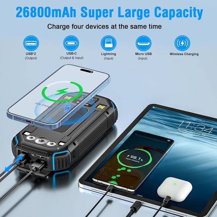 Solar Powerbank Wireless 26800mAh Solar Ladegerät, tragbare USB C Power Bank mit Outdoor Wasserdicht