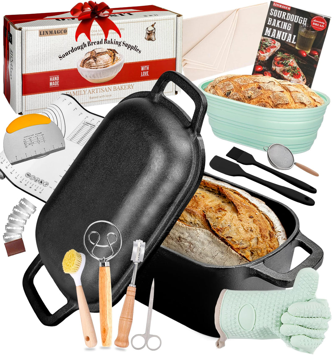 Gusseisen Brotbacktopf mit Deckel & Gärkorb – Dutch Oven für Sauerteigbrot – 4,6L Brotform mit Banne