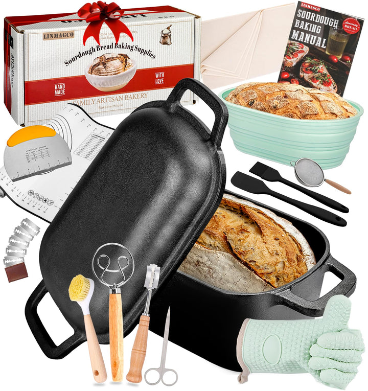 Gusseisen Brotbacktopf mit Deckel & Gärkorb – Dutch Oven für Sauerteigbrot – 4,6L Brotform mit Banne