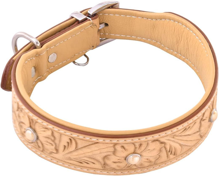 MICHUR Rafael Hundehalsband Leder, Lederhalsband Hund, Halsband, BEIGE, Leder, mit gestanzten Blumen
