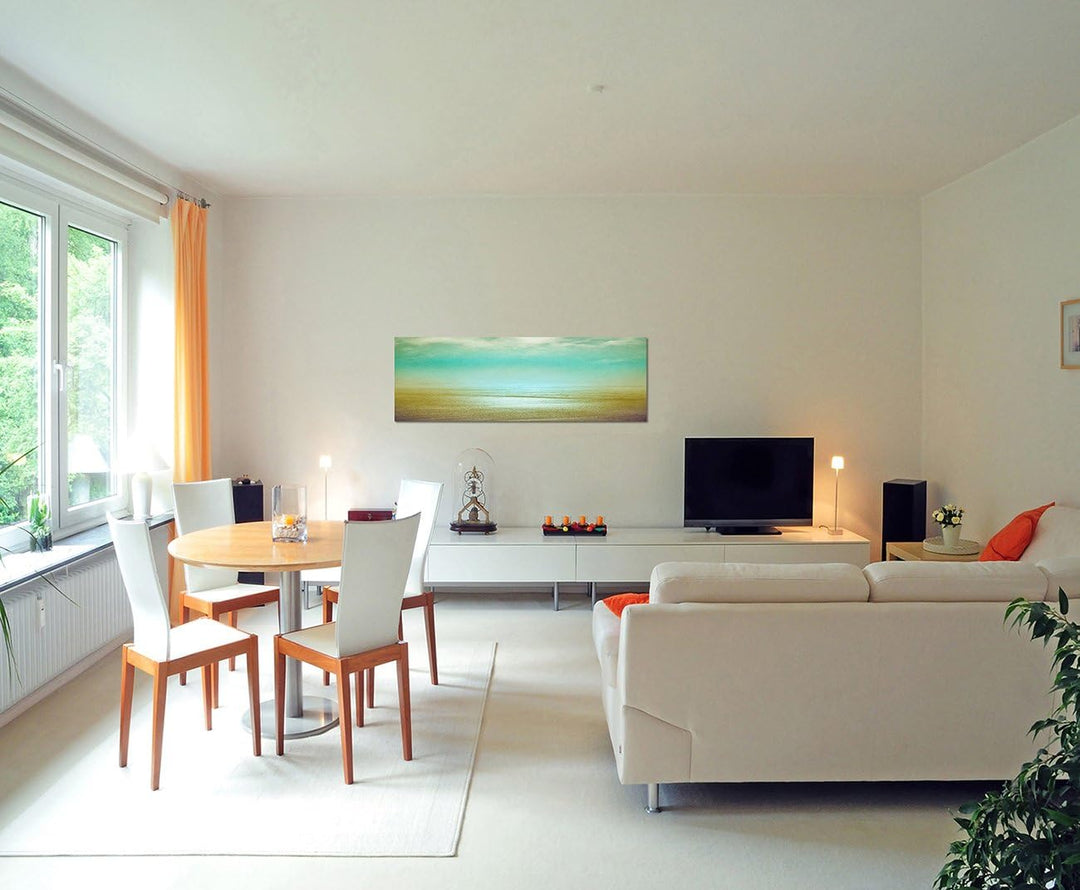Paul Sinus Art Panoramabild auf Leinwand und Keilrahmen 150x50cm Strand Meer Wolken Dunst Vintage
