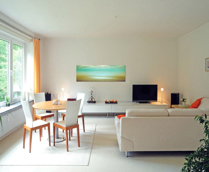 Paul Sinus Art Panoramabild auf Leinwand und Keilrahmen 150x50cm Strand Meer Wolken Dunst Vintage