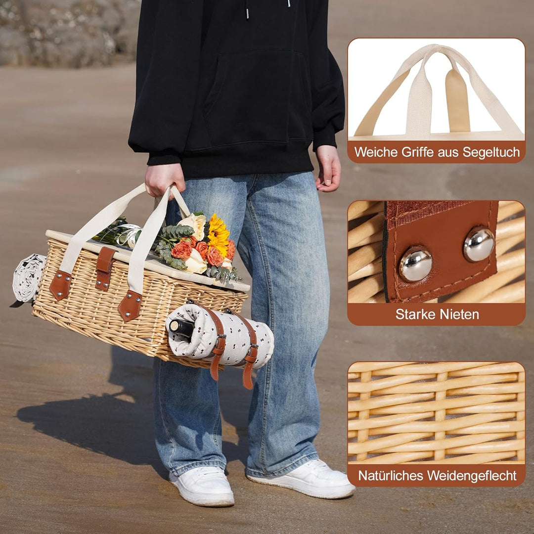 Picknickkorb-Set mit Mini-Klapptisch und Besteck-Set, Picknickkorb für 2 Personen mit kühltaschen, F