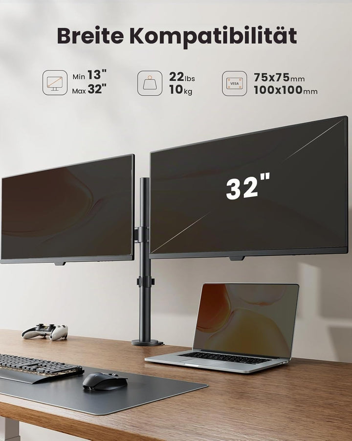 ErGear Monitor Halterung 2 Monitore für 13-32 Zoll Bildschirm, Bildschirmhalterung 2 Monitore Höhenv